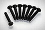 A set of eight black metal button head screws arranged in a fan shape on a white background.