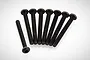 A set of eight black metal button head screws arranged in a fan shape on a white background.