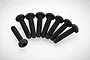 A set of eight black metal button head screws arranged in a fan shape against a white background.