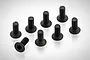 Eight black metal countersunk head screws with hexagonal sockets arranged on a white surface.