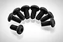 A set of eight black metal button head screws arranged in a semi-circle on a white background.