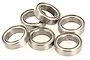 A cluster of six silver metal shielded ball bearings arranged on a white background.