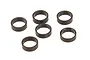 Six small, black, cylindrical spacers arranged on a white background.