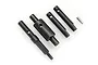 A set of four black metal RC gear shafts and one small metal pin arranged on a white background.