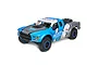 Losi Baja Rey Ford Raptor RC truck in blue, white, and grey King Shocks livery, viewed from a high angle against a white background.