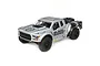 Losi Baja Rey Ford Raptor RC truck in silver with Black Rhino branding, featuring off-road tires and a spare wheel mounted on the rear.