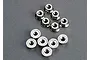 A collection of twelve silver-coloured flanged serrated nuts arranged on a grey surface.
