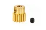 A brass 14-tooth pinion gear for RC cars, shown next to a small black grub screw against a white background.