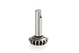 A metal 16-tooth differential pinion gear with a long shaft, isolated on a white background.