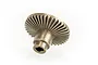 A bronze-coloured metal bevel gear with a hexagonal shaft hole, isolated against a white background.