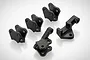A set of five black plastic RC link mounts on a white background.