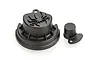 Two black plastic HSP motor or slipper clutch covers, one large with a spider logo and one small cap, isolated on a white background.