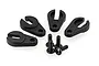 Four black plastic LED light clips and four small black screws arranged on a white background.