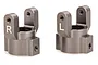 A pair of gunmetal grey aluminium RC car hub carriers, one marked with an R and the other with an L, isolated on a white background.