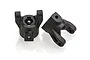 Two black molded plastic RC hub carriers for HSP vehicles, shown from different angles on a white background.