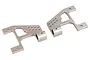Two gunmetal grey aluminium RC car body plates with mounting holes and cylindrical attachment points on a white background.