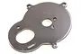 A gunmetal grey aluminium motor mount for an RC car, featuring a circular design with various mounting holes and a large central opening.