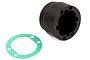 A black plastic RC differential case and a thin green circular gasket on a white background.