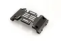 A black anodized aluminium RC chassis plate with silver machined accents on a white background.