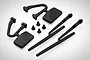 A set of black plastic scale RC car accessories including two side mirrors, two windscreen wipers, and four small mounting screws on a white background.