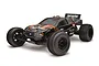HPI E-Firestorm 10T Flux RC stadium truck in black and orange livery, studio shot on white background.