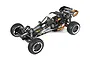 HPI Baja 5B 2.0 1/5 scale petrol RC buggy in black and orange livery, viewed from a high angle against a white background.