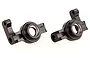 Two black anodized aluminium front hub carriers for an RC car, shown from a side angle on a white background.