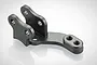 A black aluminium lower panhard mount for an RC car, featuring a U-shaped bracket and a mounting arm with two threaded holes.