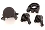 HSP Adventure RC spare parts including a motor gear box cover, motor mount, and two front steering hubs made of black plastic.