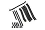 A set of black plastic RC car suspension linkages and body posts arranged on a white background.