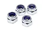 Four silver steel nyloc nuts with blue nylon inserts arranged on a white background.