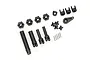 A collection of black plastic RC car parts including telescopic driveshaft components, hex hubs, and small metal pins on a white background.