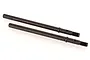 Two black metal RC rear drive shafts with threaded ends and hexagonal bases on a white background.