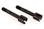 Two black metal RC wheel axles with threaded ends and slotted drive cups, isolated on a white background.