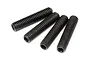 Four black metal grub screws with fine threading arranged in a row against a white background.
