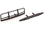 A set of two black plastic RC car bumpers, one with a bull bar design and one standard rear bumper, isolated on a white background.