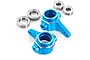 Two blue anodized aluminium steering hubs for Tamiya CC-01 with four metal ball bearings on a white background.
