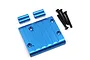 A blue anodized aluminium rear axle skid plate for Tamiya CC-01, including four blue spacers and four black countersunk screws.