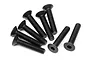 A group of eight black metal 3x16mm fine thread countersunk head screws for RC cars, arranged on a white background.