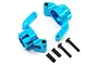 Two blue anodized aluminium RC rear hubs with mounting hardware including screws and spacers on a white background.