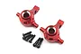 Two red anodized aluminium C-hubs for Tamiya TT-01 RC cars with included black mounting screws on a white background.