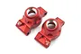 A pair of red anodized aluminium rear hubs for Tamiya TT-01 RC cars by Yeah Racing, featuring laser-etched markings.