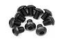 A cluster of ten black metal button head hex screws arranged on a white background.