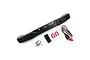 Yeah Racing black aluminium rear bumper for Axial SCX10 III, including LED light set, red D-rings, mounting hardware, and a small black plastic component.