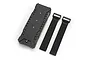 A black plastic RC battery tray with two matching black fabric hook-and-loop battery straps, isolated on a white background.