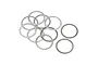 A pile of ten thin, circular metal washers on a white background.