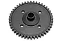 A black metal spur gear for an RC car, featuring a central hub and four mounting holes, isolated on a white background.