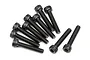 A cluster of ten black metal cap head screws with hexagonal sockets, arranged on a plain white background.