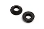 Two small black steel convex washers for RC cars, shown from different angles on a white background.