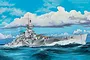An artistic illustration of the Italian battleship RN Vittorio Veneto sailing through choppy blue seas under a cloudy sky.